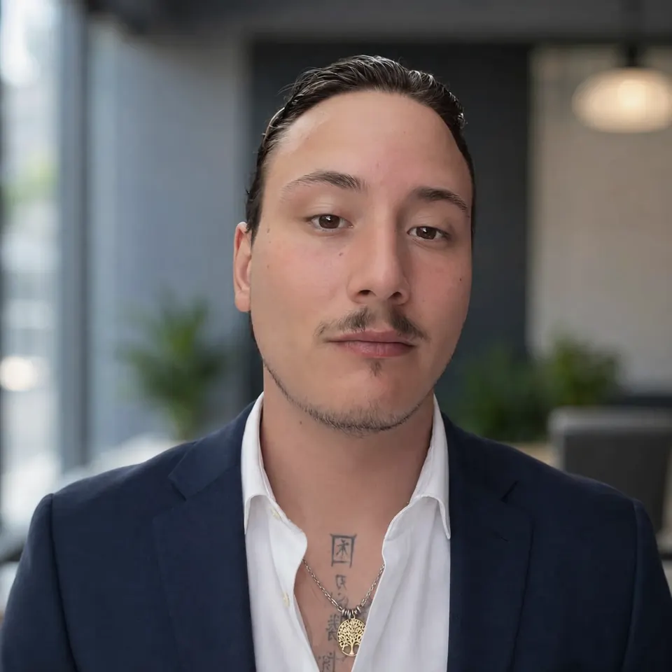 Diego Beroud, en veste sombre, de face, devant un bureau flou