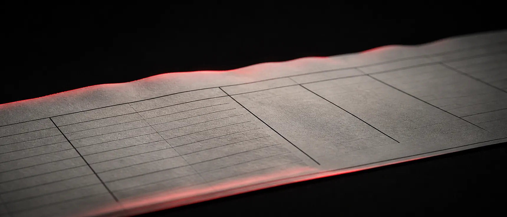 Une longue feuille réglée, colonnes et lignes tracées, posée à plat dans le noir ; un liseré rouge court le long de son bord.