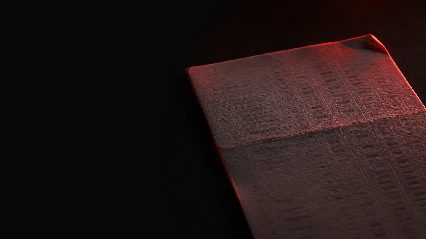 Une feuille imprimée de colonnes de chiffres serrées, pliée en deux et posée sur un plan sombre ; une lumière rouge en balaie la surface.