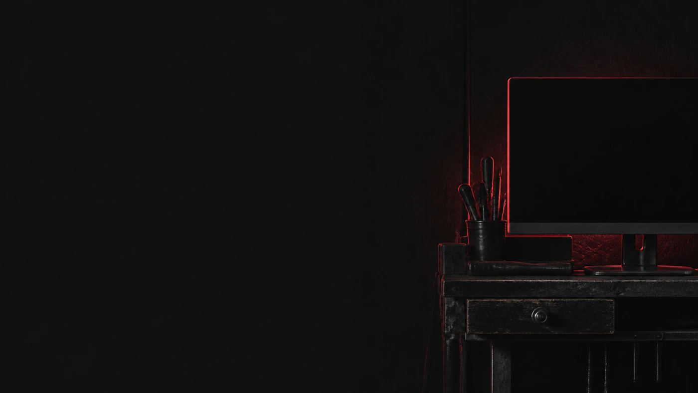 Un poste de travail dans une pièce sombre : table métallique, écran éteint dont le bord est souligné de rouge, pot à crayons ; la table est coupée par le bord droit de l'image.