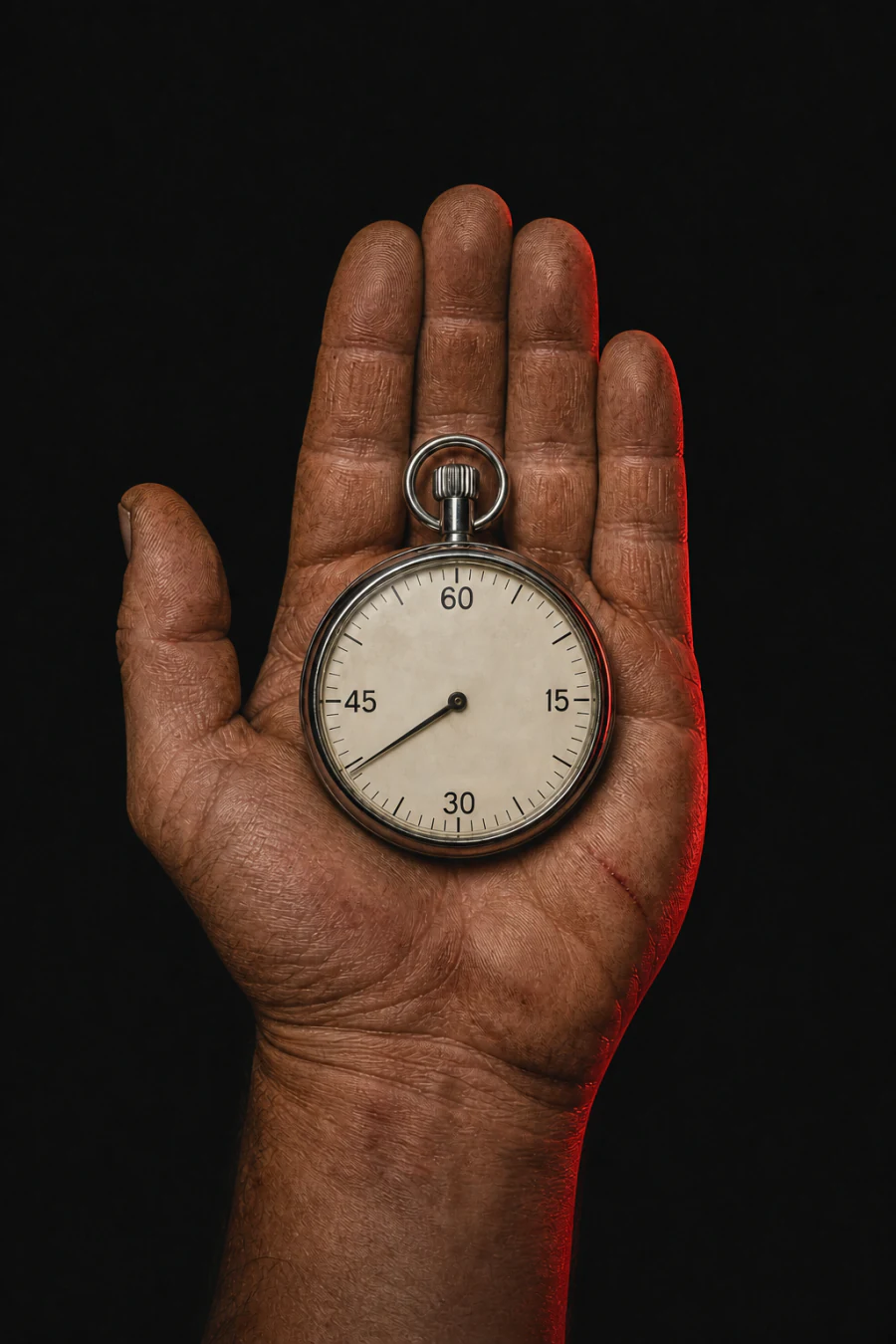 Un chronomètre mécanique à cadran blanc, aiguille arrêtée, posé à plat dans une paume ouverte ; le fond est noir et une lumière rouge rase le bord droit de la main.